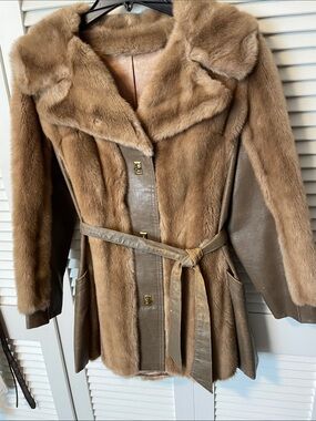 Tissavel of France Womens Brown Faux Fur Trim Leather Belted Coat